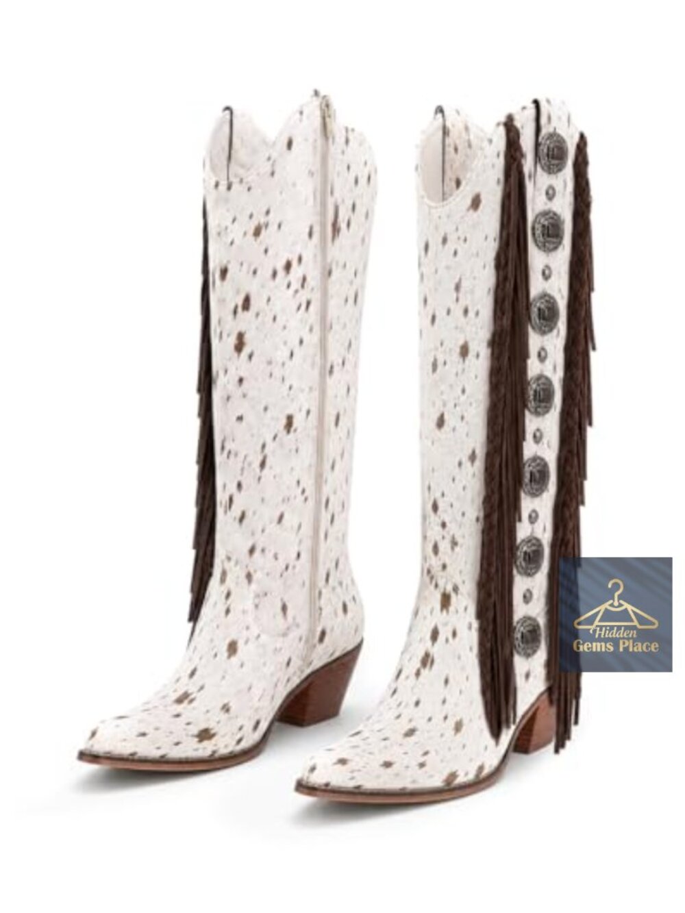Cow Print Knee High Boots Pointed Toe Chunky Heel Fringe Western Cowgirl Boots